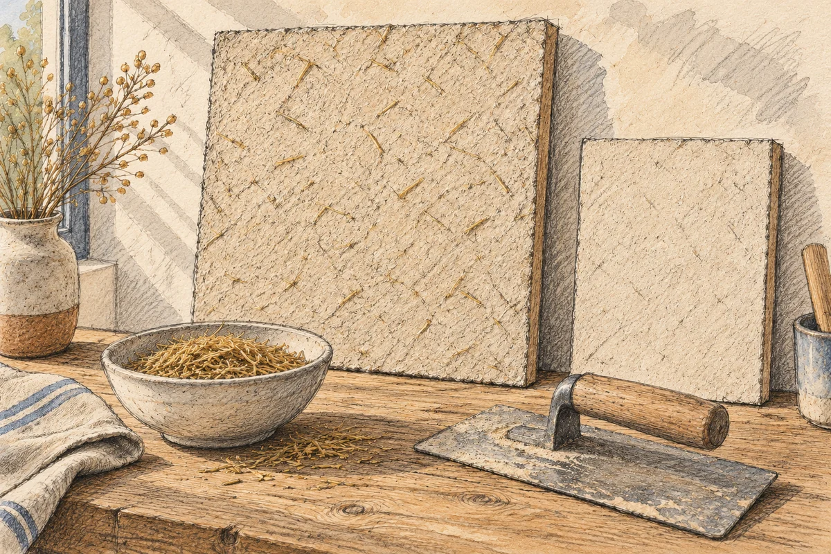 Dessin de panneaux d’essai d’enduit beige avec des fibres de lin et une taloche.