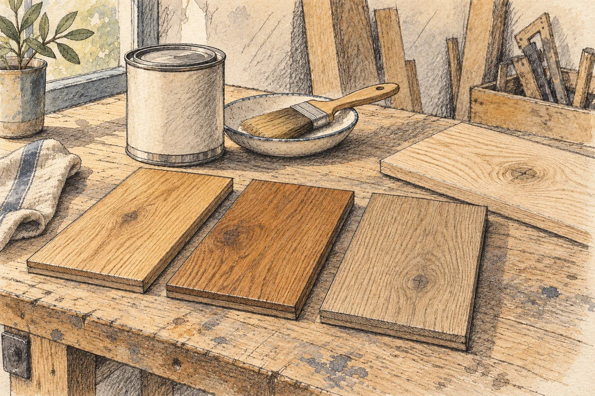 Dessin de trois essais de finition sur des chutes de parquet, avec un bidon et un pinceau.