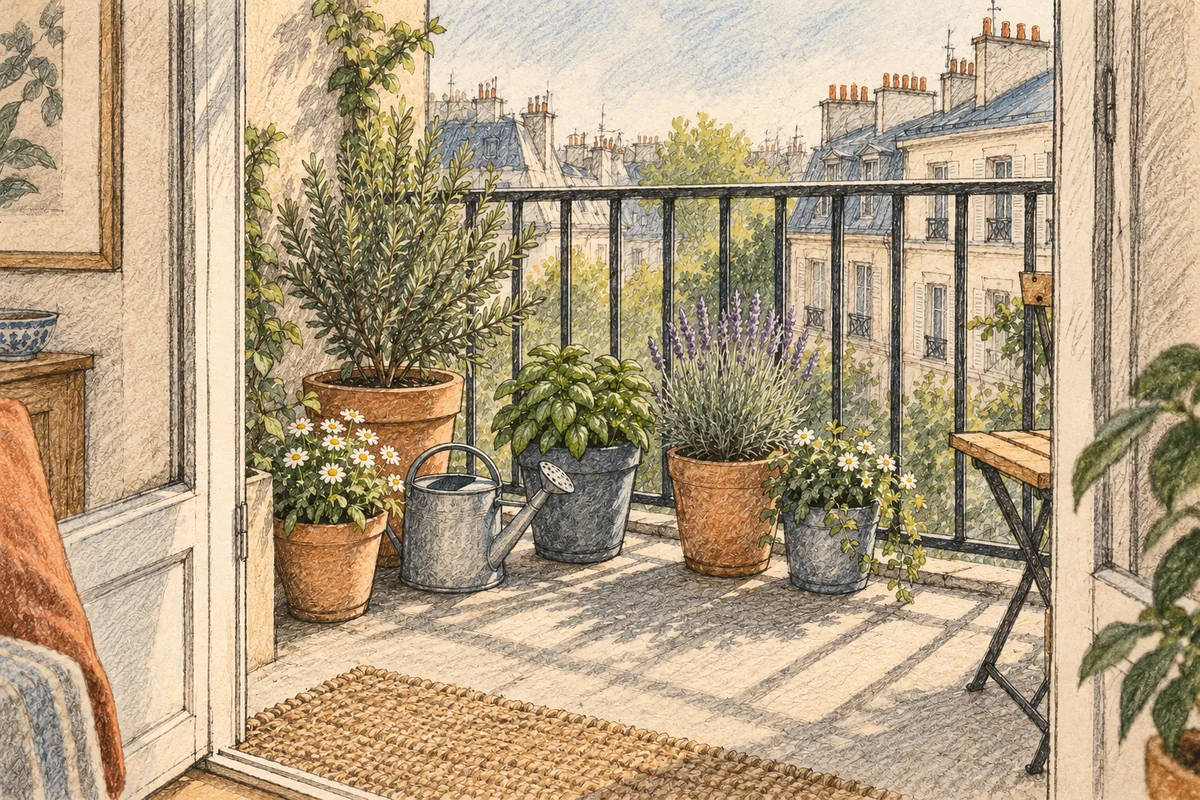 Dessin d’un petit balcon avec quelques pots au sol, un arrosoir et un passage libre.
