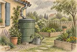 Dessin d’une cuve fermée reliée à une descente de gouttière, près d’un arrosoir et du jardin.