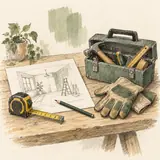 Dessin d’un plan de rénovation, d’un mètre et d’outils pour préparer la répartition du travail.