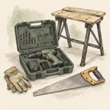 Dessin d’une perceuse dans son coffret, d’une scie et d’un établi pliant.