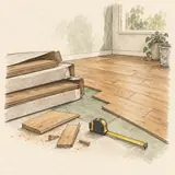 Dessin de paquets de lames, d’un parquet en cours de pose et de chutes de découpe.