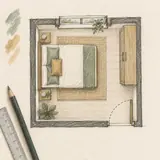 Dessin d’une chambre vue en plan, avec le lit, le rangement et le débattement de la porte.