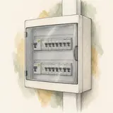 Dessin d’un tableau électrique domestique fermé, avec ses protections modulaires.